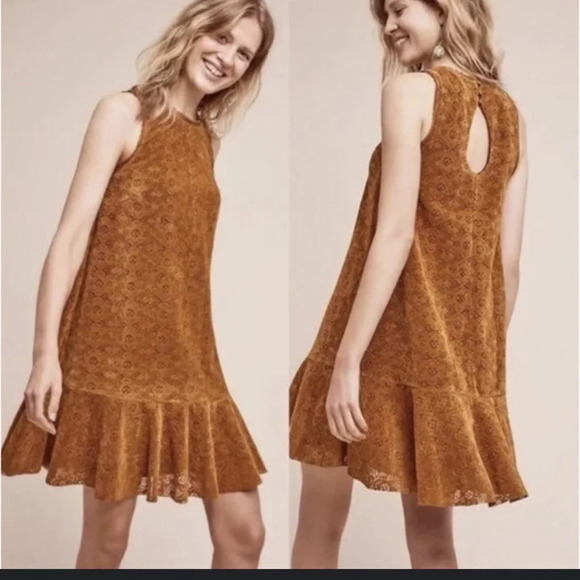 Anthropologie Maeve Amis Dress in Orange Lace Drop Waist Ruffle Hem Size 8 - Picture 1 of 4
